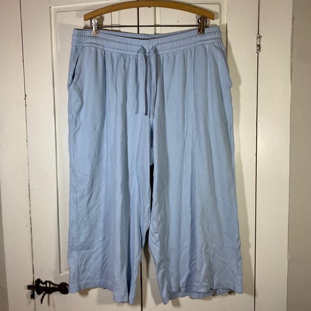 Lands End Womens XL Light Blue 100% Cotton Wide Leg Crop Drawstring Pants 545084